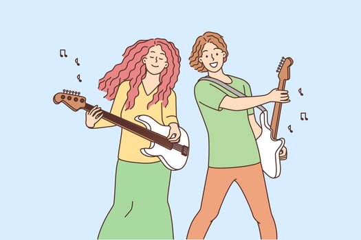 Happy musicians with guitars playing music. Smiling hippie couple have fun performing together. Hobby and entertainment. Vector illustration.
