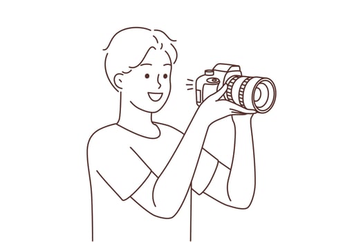 Smiling young man with professional camera taking pictures. Happy guy photographer working with equipment. Photography. Vector illustration.