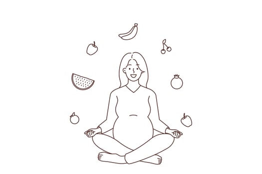 Happy pregnant woman sit in lotus pose with fruits around. Smiling future mother follow healthy lifestyle. Pregnancy and good nutrition. Vector illustration.