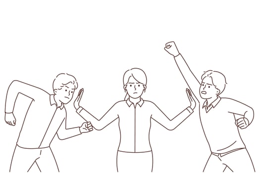 Woman stop aggressive mad men ready for fight. Female separate furious male colleague in quarrel before battle. Office crisis. Vector illustration.