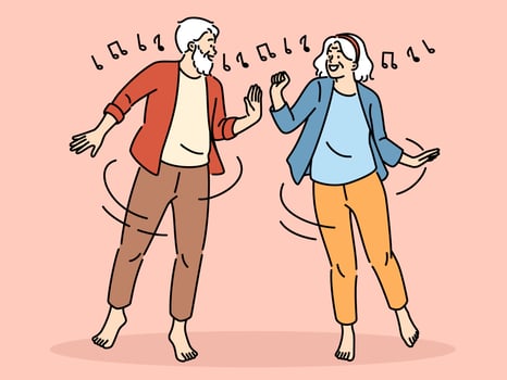 Overjoyed elderly couple have fun dancing together. Smiling mature man and woman enjoy happy maturity and retirement. Vector illustration.