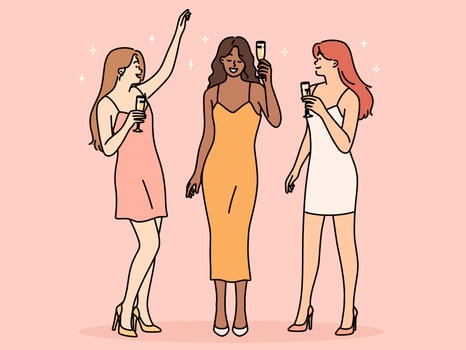 Smiling women in dresses drinking champagne enjoying party. Happy girls celebrating with drink in hands. Vector illustration.
