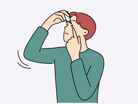 Unhealthy young man apply eye drops suffer from eyesight disease. Unwell guy use medication suffer from allergy or sickness. Vector illustration.