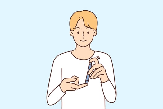 Smiling young man prick finger with syringe suffer from diabetes. Guy use pen check blood sugar level. Insulin and healthcare concept. Vector illustration.