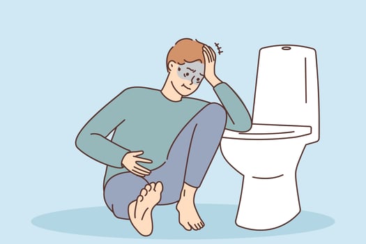 Unhealthy young man sitting near toilet suffer from food poisoning or intoxication. Unwell guy struggle with hangover feel nauseous in bathroom. Vector illustration.