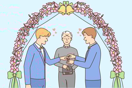 Smiling male couple stand near wedding arch exchange rings. Happy gay men at marriage ceremony. Homosexual relationships concept. Vector illustration.