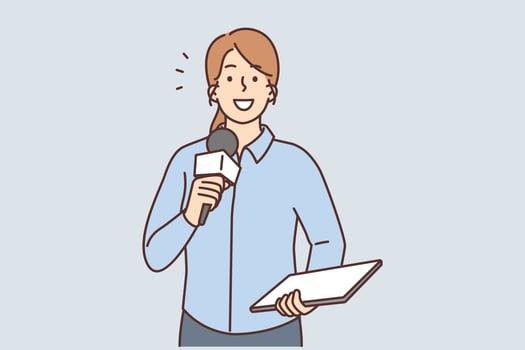 Smiling female reporter with microphone and tablet talking in live broadcast. Happy woman journalist with mic speak work in studio. Vector illustration.