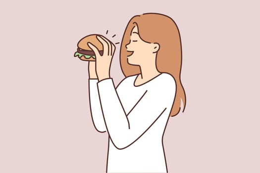 Happy young woman eating delicious hamburger. Smiling female enjoy tasty burger. Food and nutrition. Vector illustration.