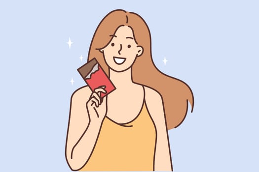 Smiling young woman hold chocolate bar in hands. Happy female enjoy sweet sugar cocoa dessert. Vector illustration.
