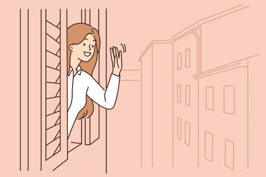 Smiling young woman look out of window waving. Happy female in apartment say hello greeting with someone on street. Vector illustration.