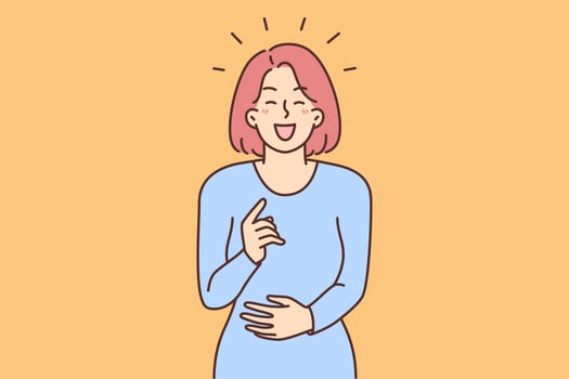 Smiling young woman laugh at funny joke. Overjoyed millennial girl have fun giggle at prank or trick. Humor and good mood. Vector illustration.