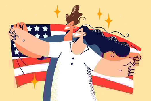 Smiling couple hugging standing on American flag. Happy man and woman embrace holding USA flag in hands excited about family reunion. Vector illustration.
