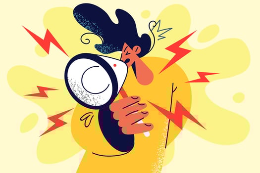 Furious woman with megaphone scream loud attract attention. Mad female activist or volunteer with loudspeaker make announcement to public. Vector illustration.