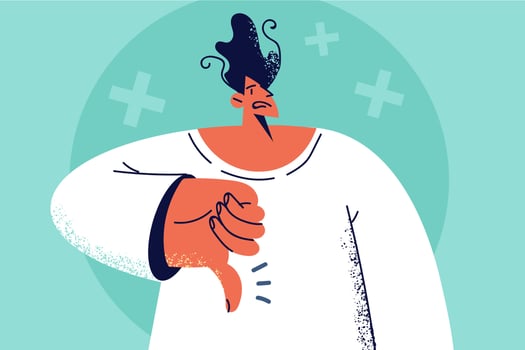 Unhappy man show thumb down demonstrate dislike or disapproval. Upset guy feeling frustrated and dissatisfied with bad quality service. Vector illustration.