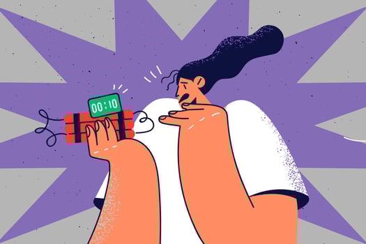 Scared woman hold dynamite in hands terrified with explosive. Frightened girl with TNT sticks or bombs feel fear and shock. Vector illustration.