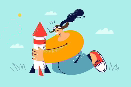 Smiling girl near rocket play in park. Happy child have fun with missile on weekend. Playful activity. Vector illustration.