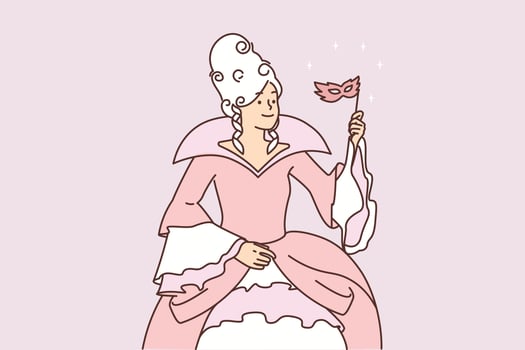 Woman in puffy dress for medieval ball with mask on stick and puffy superb hairstyle. Girl from royal family is dressed in luxurious dress for retro party or masquerade ball after dinner party vector