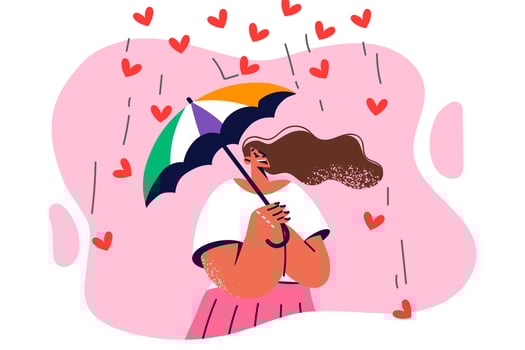 Positive woman tries umbrella to hide from falling hearts symbolizing excessive love and care. Beautiful girl takes cover from obsessive compliments from friends or strong parental love vector