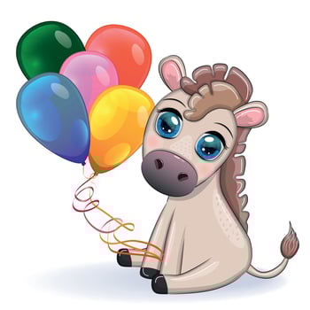 Cute donkey in flowers, with balloons, spring theme. Postcard for the holiday. vector