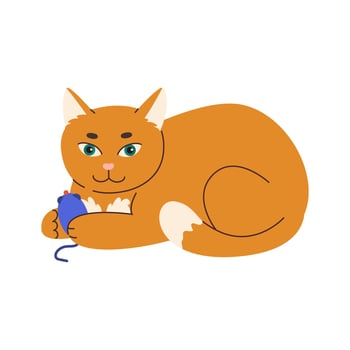 Cute ginger cat lying with a toy mouse. Cat holds a mouse in his paws. Domestic animal flat vector illustration