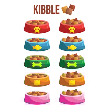 Cat and dog food pet bowl. Cute Cartoon vector illustration pet feed containers, bowl or plate . Home animals wet and dry food meal. Round, bones, square kibble.