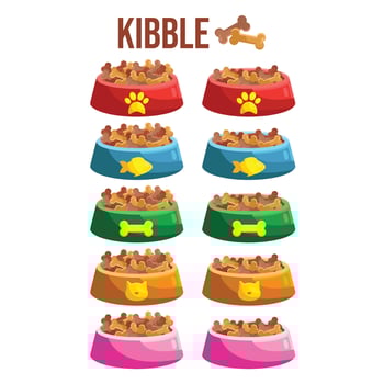 Cat and dog food pet bowl. Cute Cartoon vector illustration pet feed containers, bowl or plate . Home animals wet and dry food meal. Round, bones, square kibble.