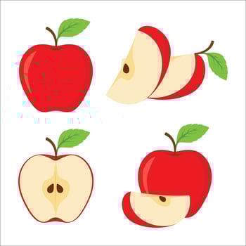 Apple fruit vector set. Set of apples and sliced apples isolated on white background. Whole, half, slice of red apple fruit with green leaves. Vector illustration
