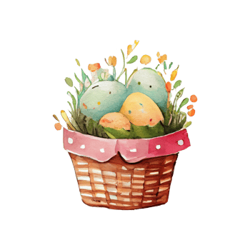 Wicker basket with colorful pastel Easter eggs, spring flowers png