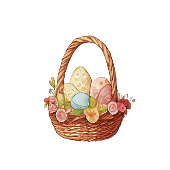 Wicker basket with colorful pastel Easter eggs, spring flowers png