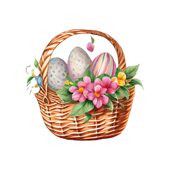 Wicker basket with colorful pastel Easter eggs, spring flowers png