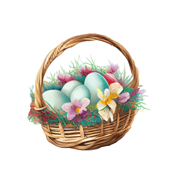 Wicker basket with Easter eggs flowers. AI Generated png