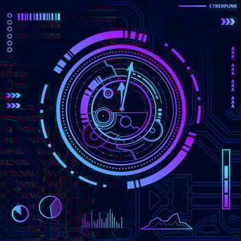 Digital screen clock cyberpunk technology design with dark background. Abstract vector illustration.
