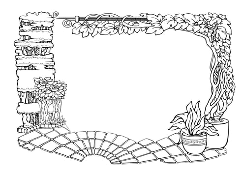 Botanical border with tropical plants. Outline floral frame. Vector