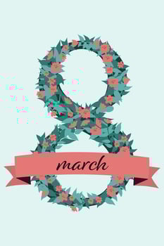 Beautiful March 8 postcard. Digit eight made of simple hand drawn flowers with text march. Greetings for International Women's Day vector