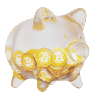 Bitcoin Gold BTG Clear Glass piggy bank with decreasing piles of crypto coins png