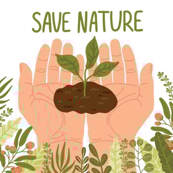 Happy Earth Day Save Nature. Vector eco illustration for social media, poster, banner, card, flyer on the theme of saving planet, human hands protect earth