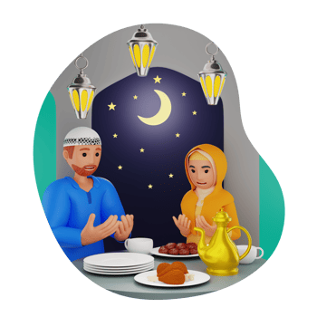 Muslim Couple Praying Before Having Iftar, 3D Character Illustration png