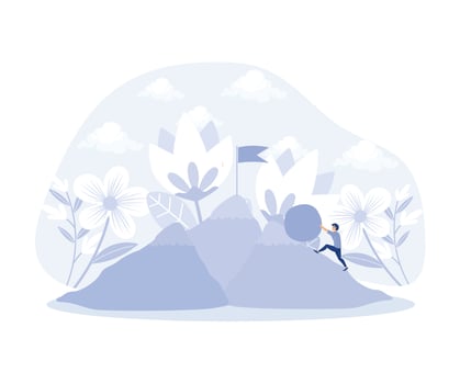 Perseverance, ambitious businessman pushing heavy boulder to mountain peak.modern flat vector illustration