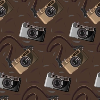 A pattern with a retro camera on a brown background. Brown and gray camera in the replay. Background for printing on textiles and paper. A repeating drawing in a retro theme with a photo camera vector