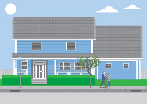 victorian style house vector with white fence and green garden