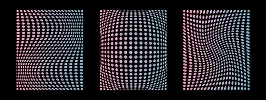 Abstract geometric distortions. Futuristic dot shapes. Trendy rave luminous retro gradient. Vector illustration of grid. Pink and blue colors of 90s style.