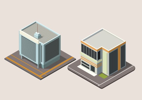 isometric apartment buildings office and houses vector