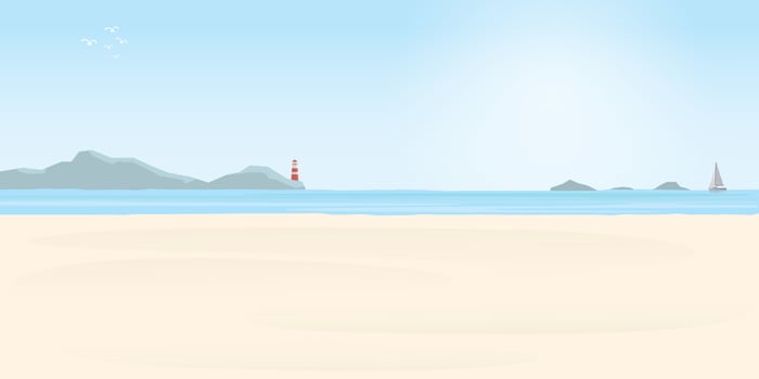 Seascape with lighthouse on rock cliff and yacht in summer season flat illustration. Island pharos, beach, sea and sailboat in sunny day. vector