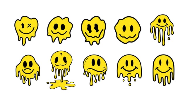 Hand drawn melting smiley faces set doodle drawings funny melted smile faces happy smiling character cartoon illustration vector