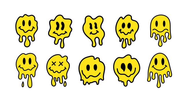 Hand drawn melting smiley faces set doodle drawings funny melted smile faces happy smiling character cartoon illustration vector