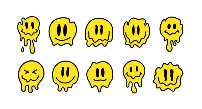 Hand drawn melting smiley faces set doodle drawings funny melted smile faces happy smiling character cartoon illustration vector