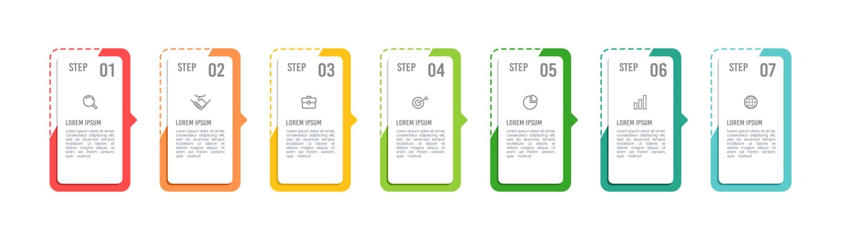Seven numbered rectangular frames with information and icons. Simple infographic for business presentation. Vector illustration.