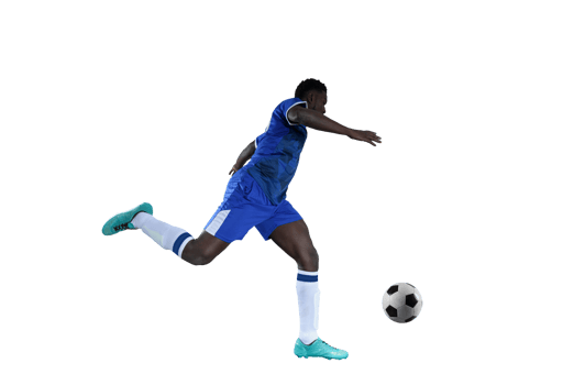Football striker with blue team suit chases the soccerball png