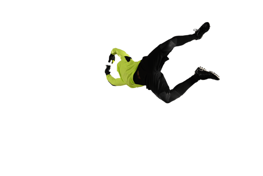Soccer goalkeeper jumps to defend his team during a football game png