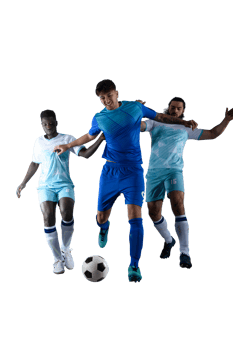 Soccer players play with soccerball in a match png